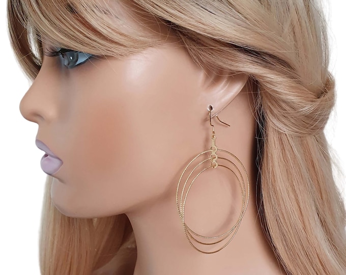 1 pair of 3" long 18k gold plated 3 layered patterend hoop drop earrings - Clip on  or pierced options - 24k gold plated clip / ear wire's