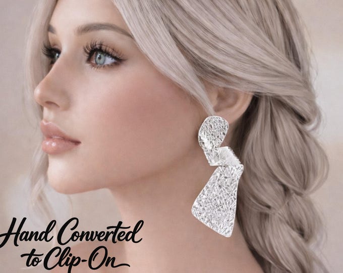 Clip On Earrings - Silver Tone Modern Textured Abstract, Non Pierced Ears