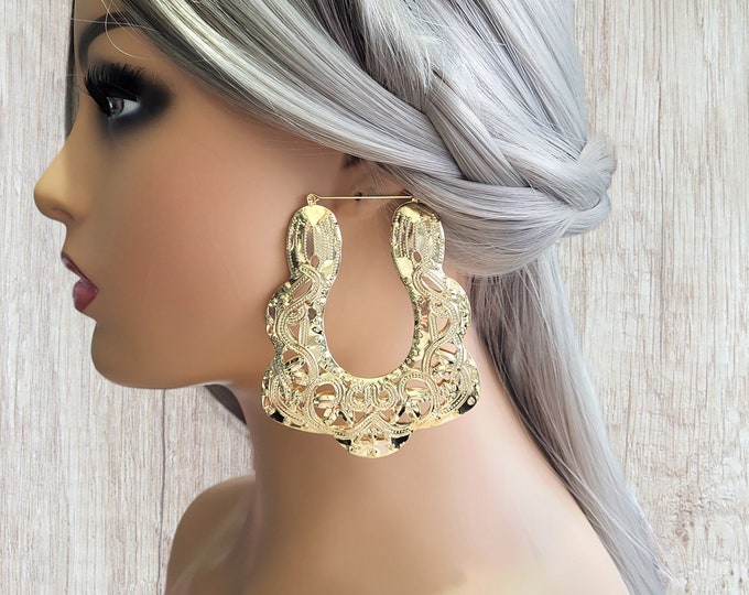 1 pair gold tone filigree CLIP ON creole hoop earrings - big 3.25 U shape lightweight puffed up style - Clip on convertor or pierced options