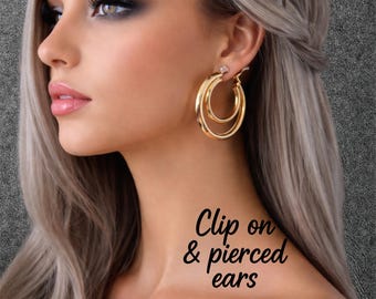 Gold Tone Clip On Hoop Earrings | Double Layer Bold Lightweight Statement Hoops | Non-Pierced Earrings