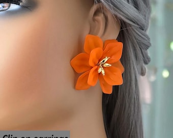 1 pair large acrylic flower design CLIP ON stud earrings - 2.2"  orange frosted acrylic 3D flower statement ear studs - non pierced ears