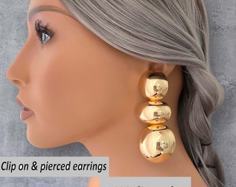 Big bold gold tone CLIP ON drop earrings - 1 pair 3.5" long big chunky thick drop earrings - non pierced fashion statement IG earrings