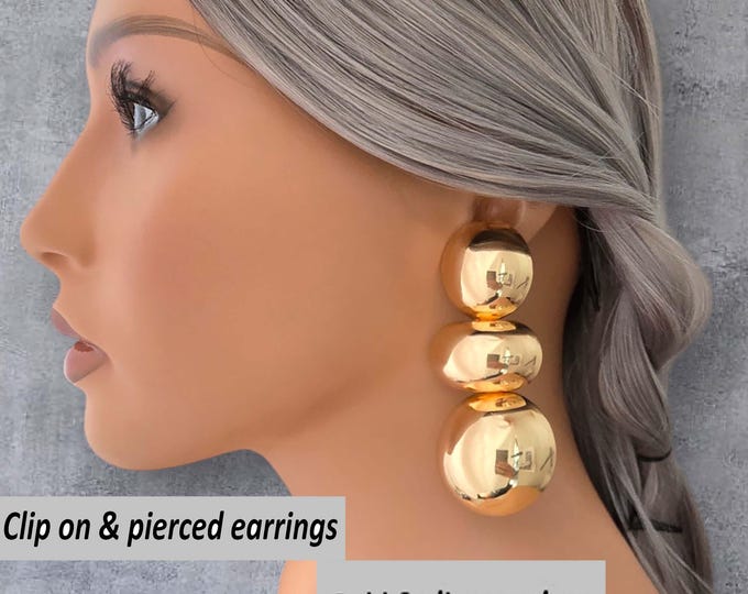Big bold gold tone CLIP ON drop earrings - 1 pair 3.5" long big chunky thick drop earrings - non pierced fashion statement IG earrings