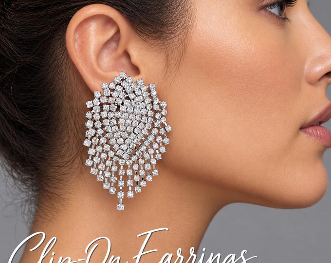 Clip On Rhinestone Chandelier Earrings, Silver Tone Crystal Statement Earrings  – 2.5" 6.5cm