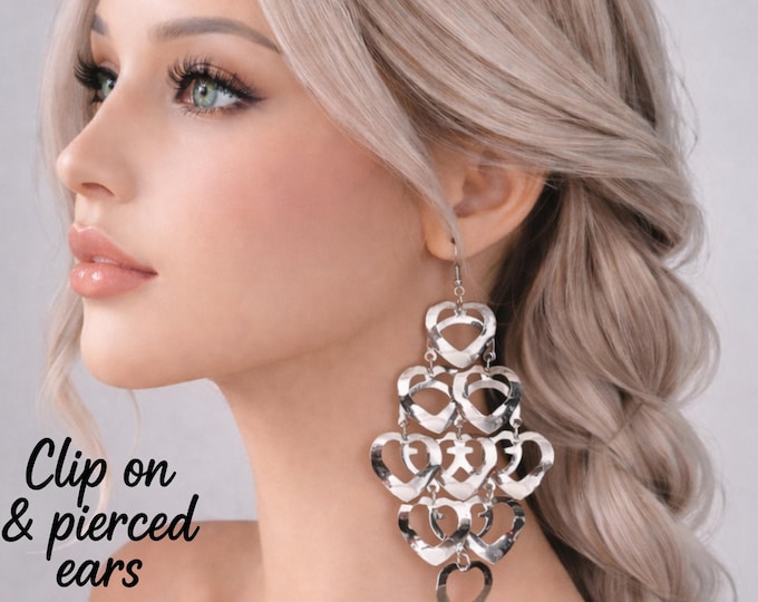 Silver Tone Heart Chandelier Clip On Earrings – Long Lightweight Dangle Statement Earrings