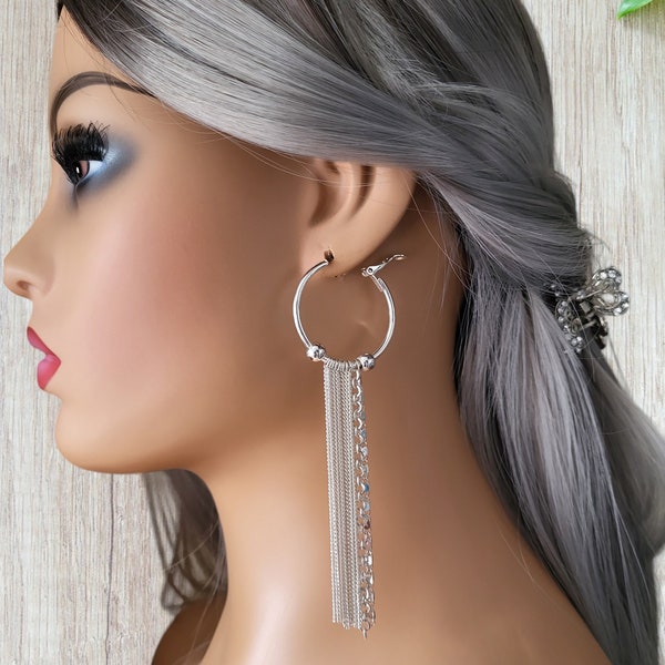 Big long CLIP ON hoop earrings 4.5" long silver tone hoops with chain tassel / waterfall drops, Lovely long statement hoops, clip or pierced