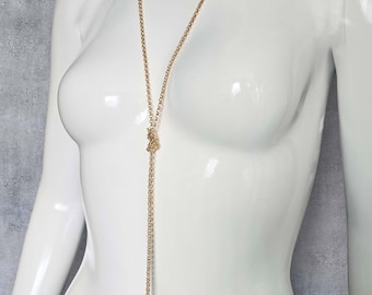 LARIAT STYLE long chain necklace, gold tone knotted lariat chain necklace, adjustable long sweater statement necklace, rope chain necklace