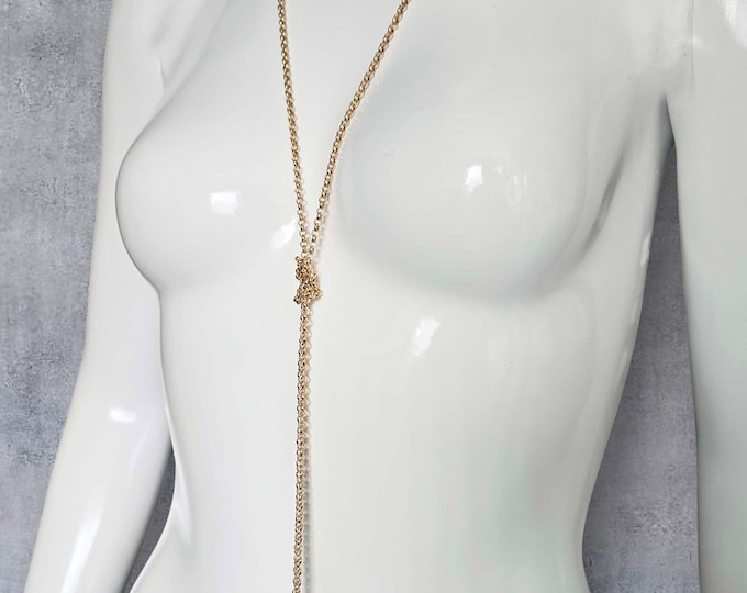 LARIAT STYLE long chain necklace, gold tone knotted lariat chain necklace, adjustable long sweater statement necklace, rope chain necklace