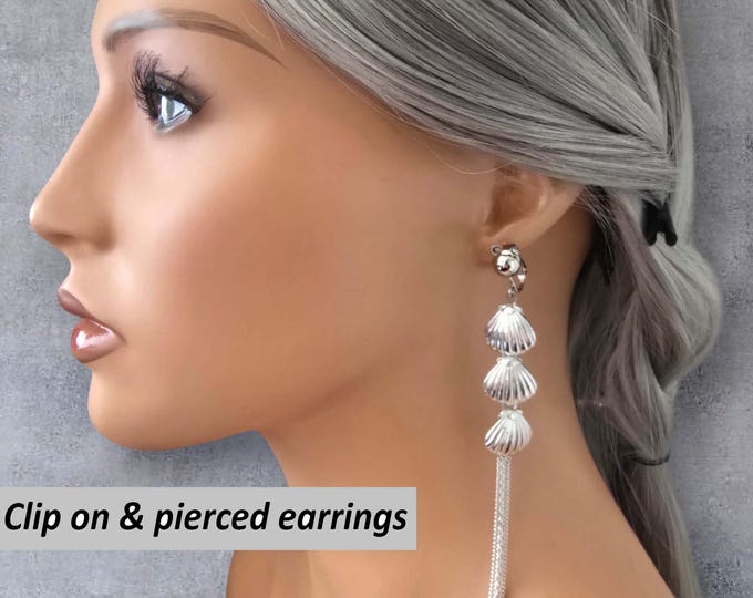 5" Long Silver Tone Seashell Tassel Clip-On Earrings for Women, Beach-Inspired Statement Jewelry, Non-Pierced Earrings with Waterfall Chains