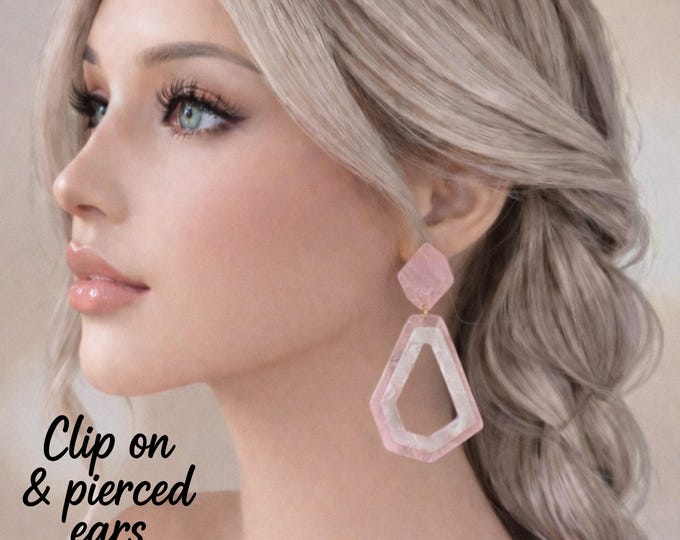 Clip On Earrings Retro Pink Acrylic Drop  – 60s Style Non Pierced or Pierced