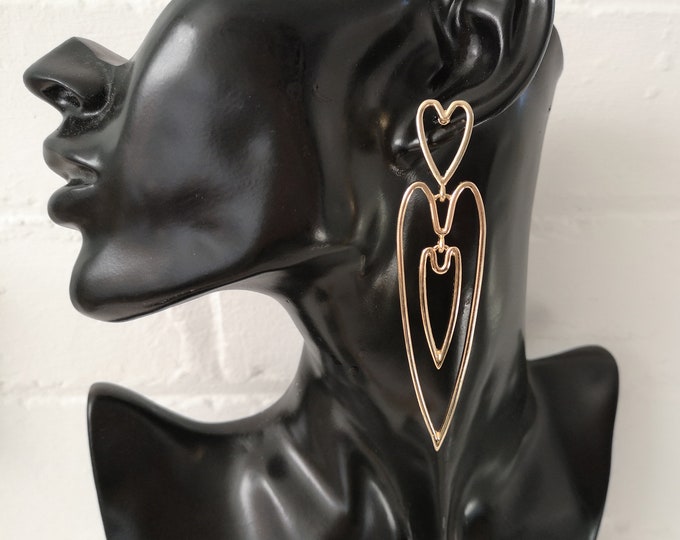 3.5" - 9cm Long sexy gold double heart design drop earrings for pierced ear's only