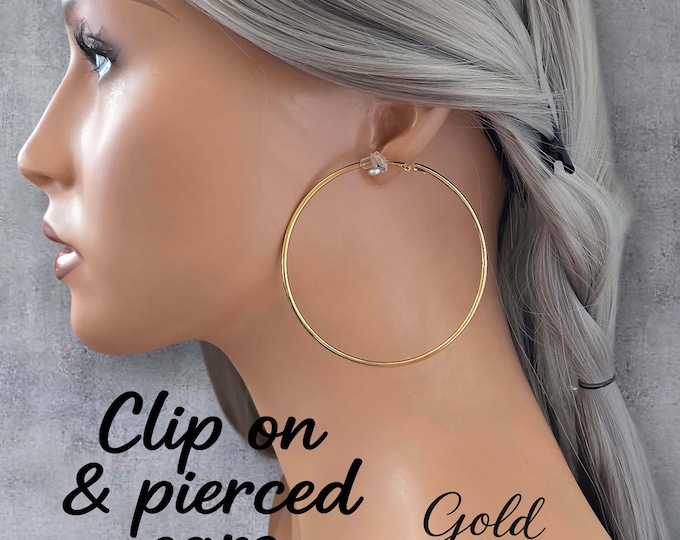 2.75" Stainless Steel Clip-On Hoop Earrings – Large Plain Wire Hoops in Silver or Gold – Non-Pierced & Pierced Options