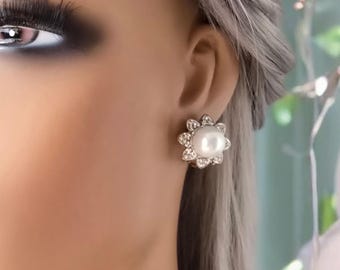 1 pair of diamante crystal & faux pearl CLIP ON button, cluster stud earrings - silver tone setting - 2cm - 0.75" diameter  NON pierced ears