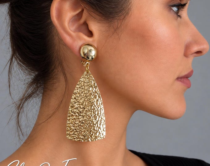 Gold Tone Clip On Earrings, Hammered Statement Earrings, Large Gold Drop Earrings – 3.5" - 9cm