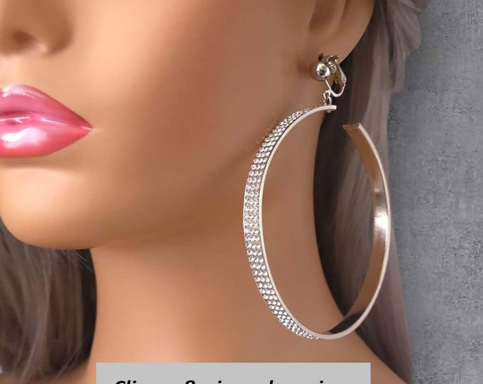 Silver tone & diamante CLIP ON hoop earrings - 4" C design hoop earrings with clear sparkly crystal - rhinestone detail - non pierced ears