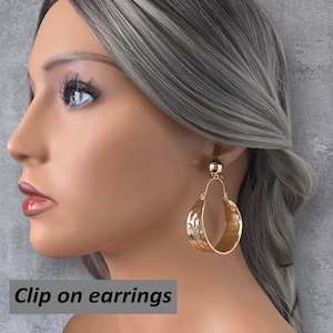 1 pair of 2.5" long extra wide CLIP ON hoop drop earrings - big wide metal hoop - 18K gold plated clip on top stud for non pierced ears