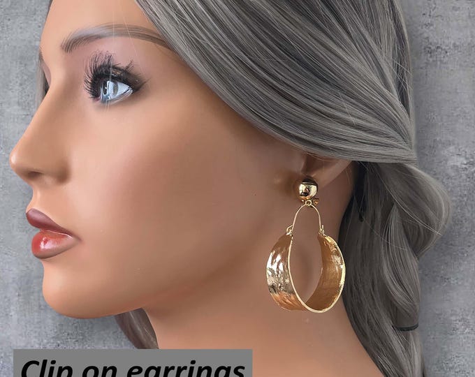 1 pair of 2.5" long extra wide CLIP ON hoop drop earrings - big wide metal hoop - 18K gold plated clip on top stud for non pierced ears