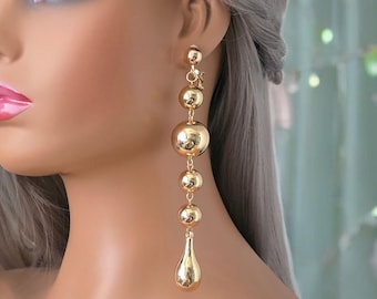1 pair gold tone CLIP ON drop earrings - 5.25" stylish long chunky gold CCB bead drop earrings - Clip on earrings - ear clips - non pierced