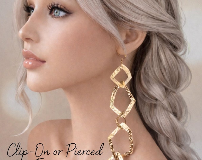 Gold Tone Chain Link Clip On Earrings, 8.5" Long Handmade Statement Dangle