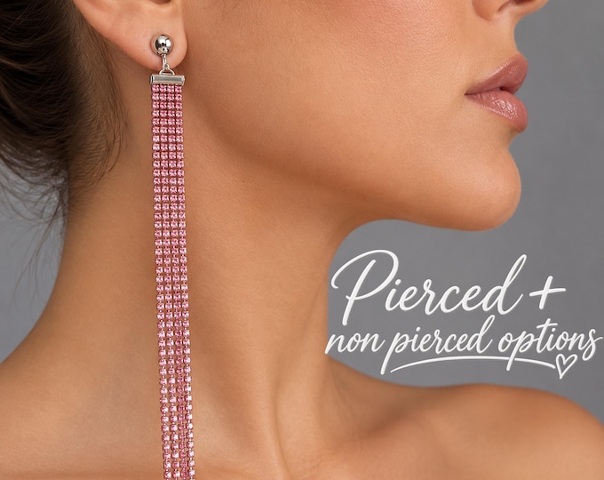 Rose Pink Rhinestone Clip On Earrings – Extra Long Crystal Tassel Earrings  – 7" – 18cm