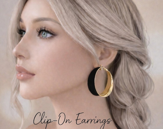 Clip On Hoop Earrings - Wide Black Enamel & Gold Tone Hoop Earrings - Bold Statement Hoops - 1.9" - 4.5cm