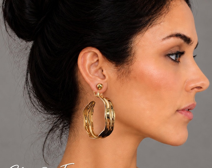 Clip On Gold Tone Wavy Hoop Earrings – Chunky Statement Hoops – Non Pierced Earrings – 2.75" - 7cm