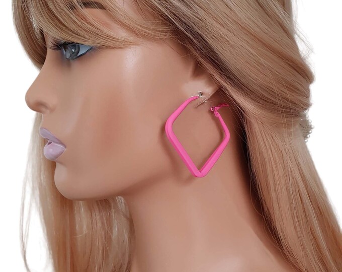 1 pair of 2" NEON PINK coloured square shaped CLIP on hoop earrings - clip on or pierced earring options - Retro colored painted metal hoops