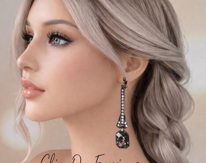 Black Crystal Drop Clip-On Earrings – Gunmetal Diamante Dangle – Non Pierced Statement Earrings – 3.25" - 8.2cm