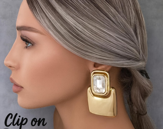 Gold Tone & Crystal Clip-On Earrings | Big Chunky Statement Earrings for Non-Pierced Ears - Doorknocker Style