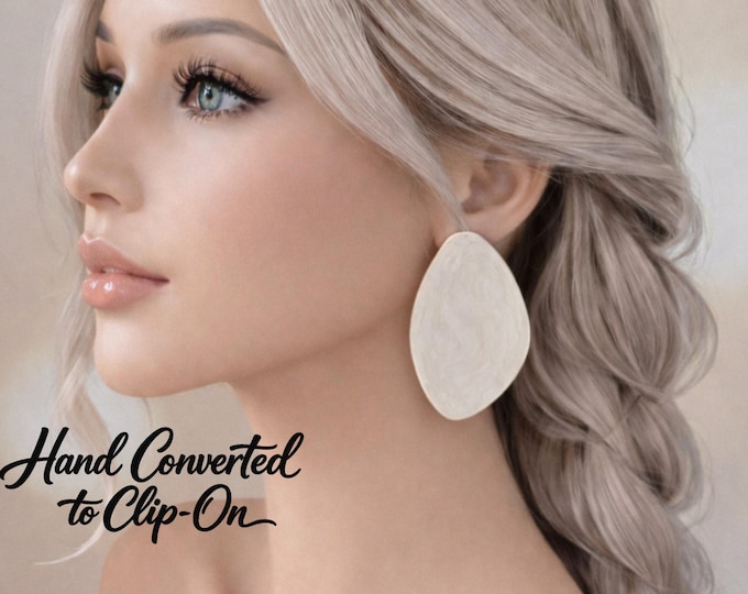 Large Irregular Ivory Enamel Clip On Statement Earrings, Gold Tone Edge, Non Pierced