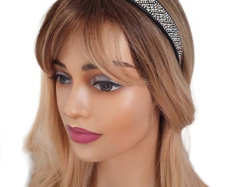 Beautiful, sparkly 3/4" wide diamante & black plastic headband - Aliceband - Clear and AB diamante pattern      #91