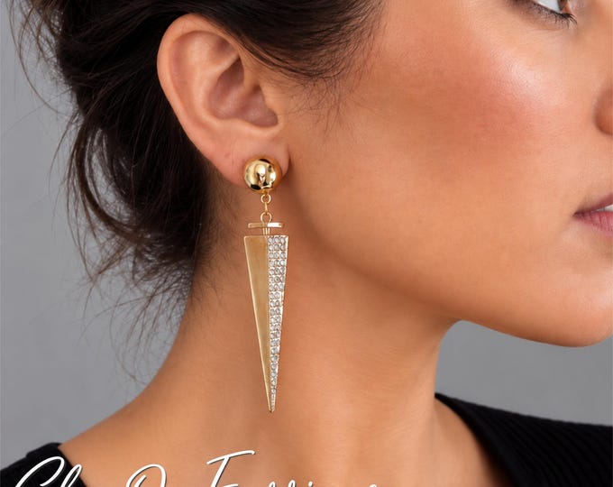 Clip On Gold Tone Rhinestone Spike Earrings –  Triangle Drop Earrings – Long Statement Dangle Earrings – 3" - 7.5cm
