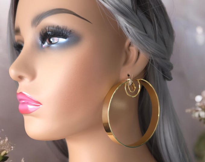 1 pair gold plated CLIP ON hoop earrings - 2.75" -18k gold plated stainless steel big wide chunky flat tube hoop earrings - non pierced ears