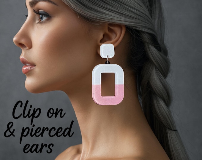 CLIP ON Geometric Resin Drop Earrings – Pink & White Two Tone Statement Dangle Earrings, Non Pierced