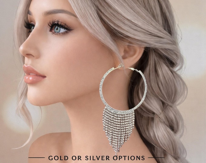 Gold or Silver Tone Diamante Waterfall Clip-On Hoop Earrings –  4.5" – 12cm – Slight seconds