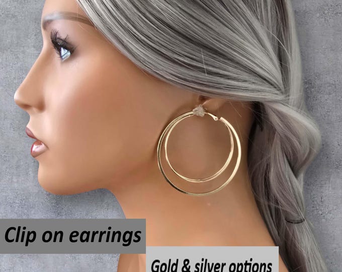 CLIP ON hoop earrings, 2.3" Double Layered Fashion Hoop Earrings Non Pierced Ears, Gold & Silver options, Clip On Earrings, Ear Clips