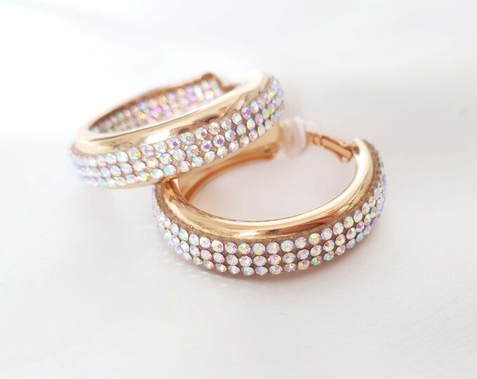 1 pair of Chunky wide gold tone & AB diamante square tube CLIP ON round hoop earrings - 1.75" - Sparkly ab Rhinestone