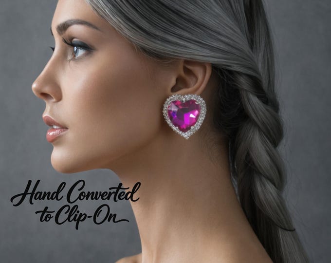 Chunky Clip On Hot Pink Heart Diamante - Rhinestone Earrings – Non Pierced