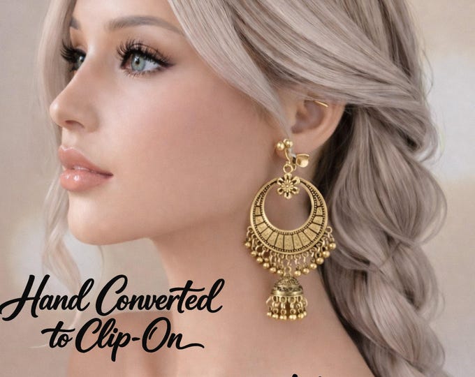 Indian Jhumka Clip On Earrings – Ornate Boho Statement Drop – Non Pierced Chandbali Dangle Earrings