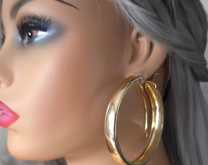 1 pair large 2.75"  gold tone CLIP ON wide chunky tube hoop earrings, square tube, big statement earrings, pierced, non pierced ears options