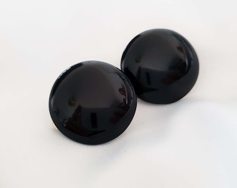 1 pair of 1" black resin clip on button style stud earring - Vintage button stud earrings - Big slightly domed earrings - retro - vintage