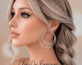 Pendientes de aro con clip - Pendientes de capas en tono dorado o plateado, sin perforación - 2,25" - 6 cm