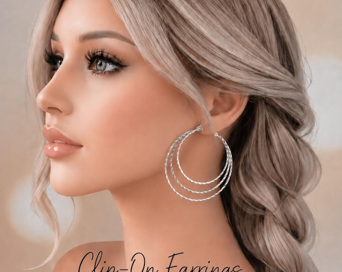 Clip On Hoop Earrings - Gold or Silver Tone layered Non Pierced Earrings  - 2.25" - 6cm