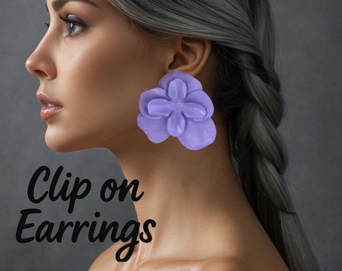 Bold Lilac CLIP ON Flower Statement Earrings • 2.5" Large Glossy Metal Petal Studs • Big Oversized Floral Earrings
