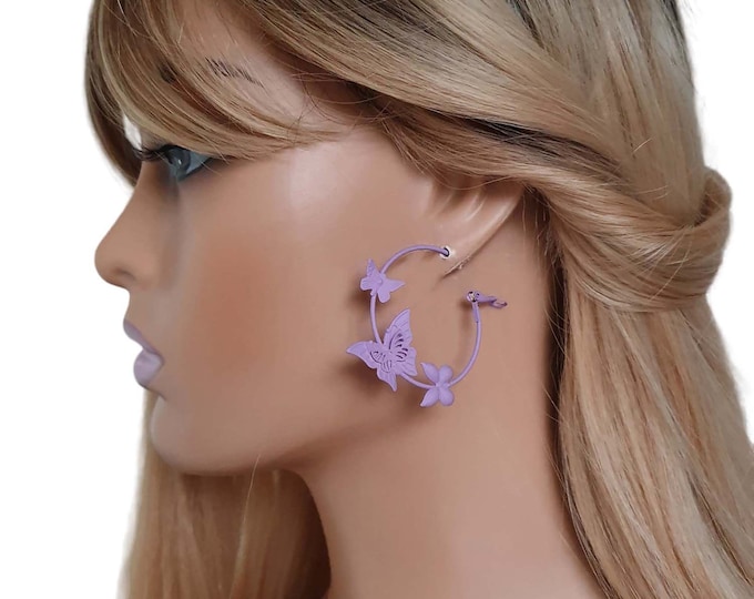 1 pair of 2" lavender coloured butterfly painted hoop earrings - CLIP ON or pierced options - Pretty earrings - Lightweight hoops