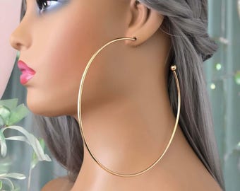 1 pair of 4.5" Gold tone C shape wire hoop earrings - Clip on for non pierced ears or pierced option - Big thin wire hoops with bead detail