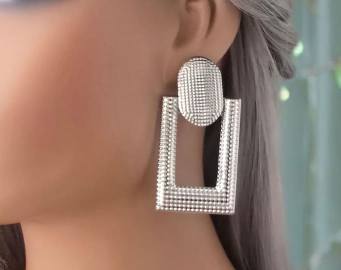 1 pair silver tone CLIP ON drop earrings - 2.5" long patterned doorknocker style drop earrings - clip on for non pierced ears - Ear clips