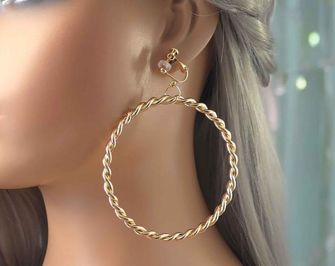 14k gold plated CLIP ON hoop earrings - 3.75" long twisted design hoop drop earrings for non pierced ears Big statement hoops #1