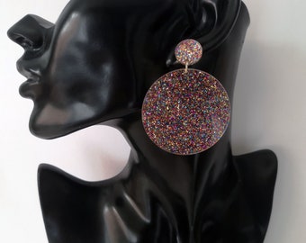 Clip on earrings - Retro multi colour glitter acrylic clip on circle drop earrings - 2.5"  60's inspired - vintage style - pierced option