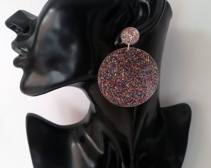 Clip on earrings - Retro multi colour glitter acrylic clip on circle drop earrings - 2.5"  60's inspired - vintage style - pierced option